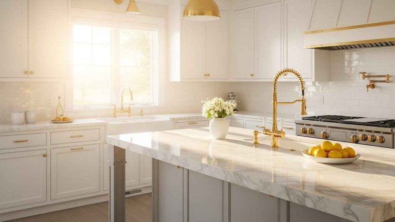 28 Luxe White Kitchen with Gold Details That Glow 32 28 Luxe White Kitchen with Gold Details That Glow