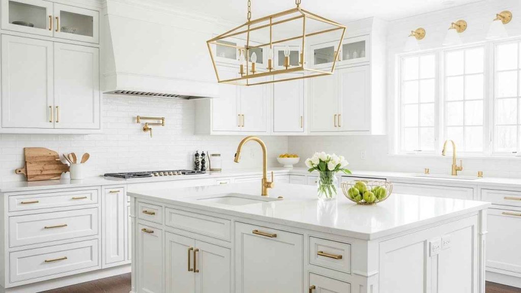 A Cohesive White Kitchen with Gold Hardware