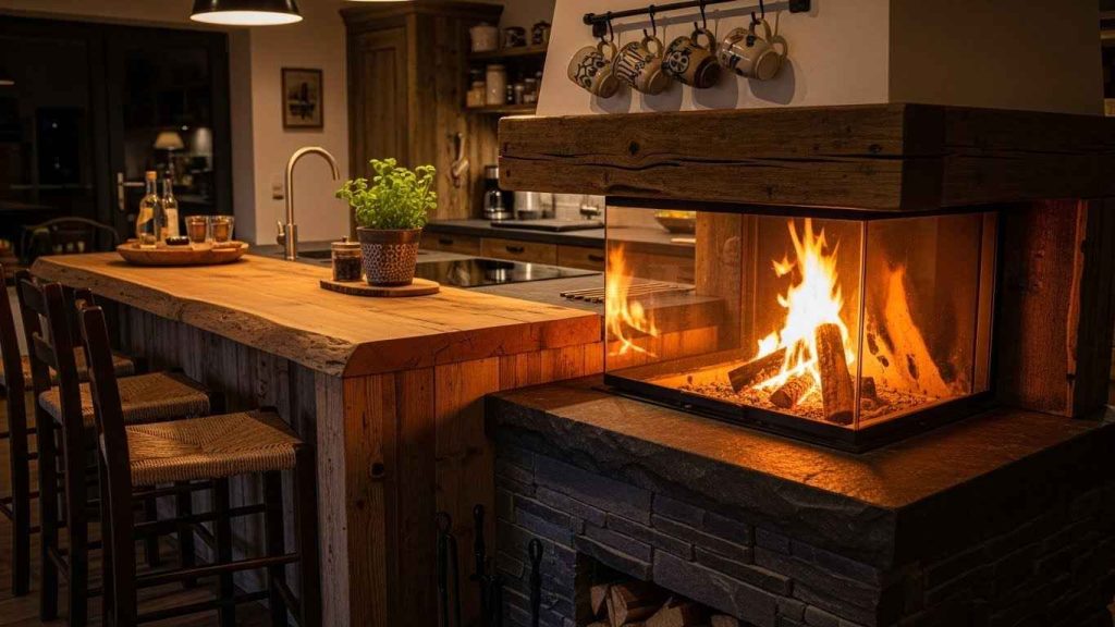A Cozy Kitchen with a Fireplace Island