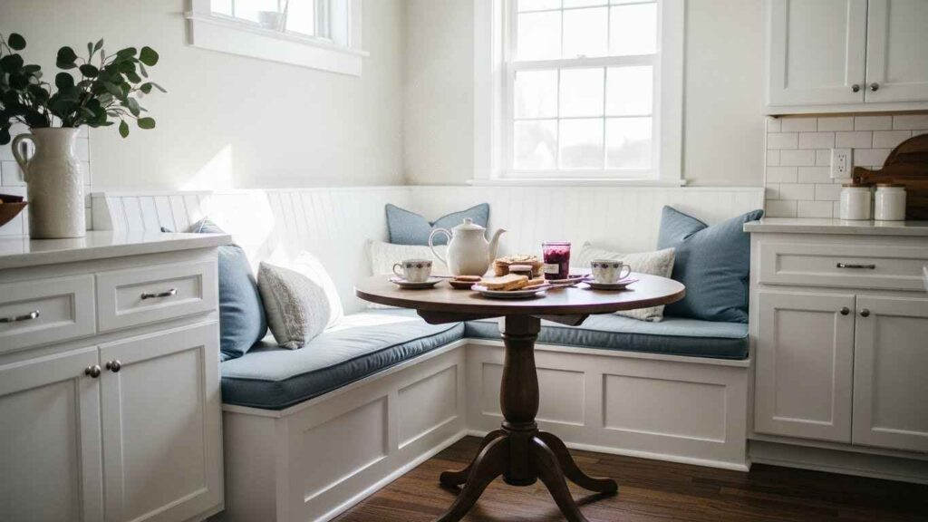 A Cozy White Kitchen Banquette
