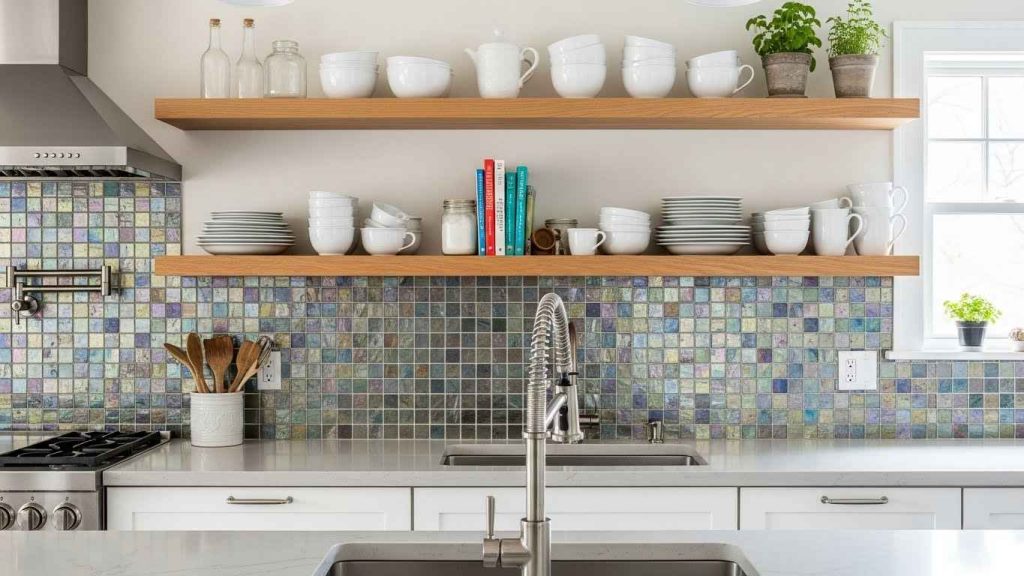 A Mosaic Glass Backsplash Behind Open Shelving