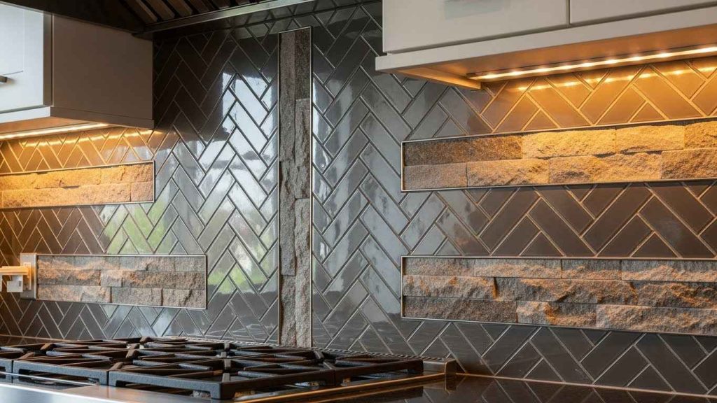 A Mosaic Glass Backsplash with Stone Accents