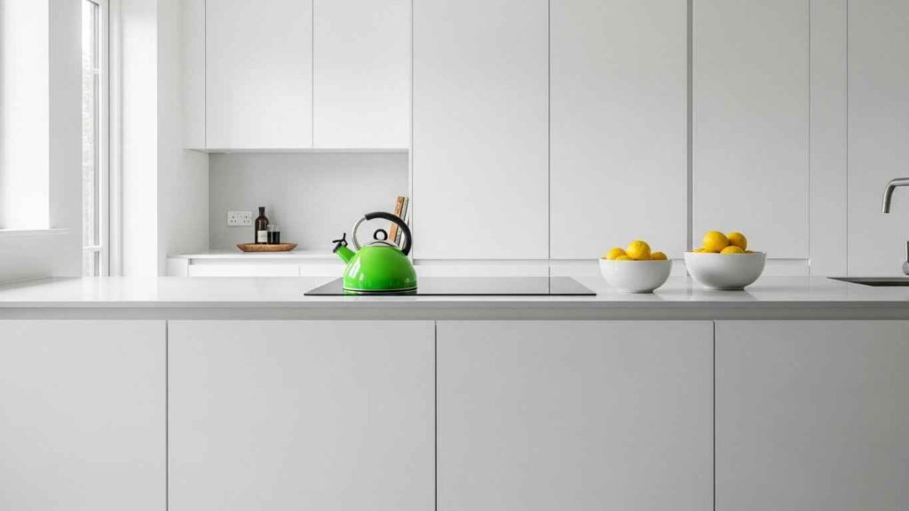 A Pop of Color in a Matte White Kitchen