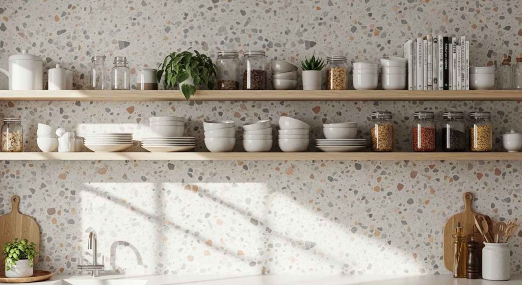 A Pop of Terrazzo Behind Open Shelving