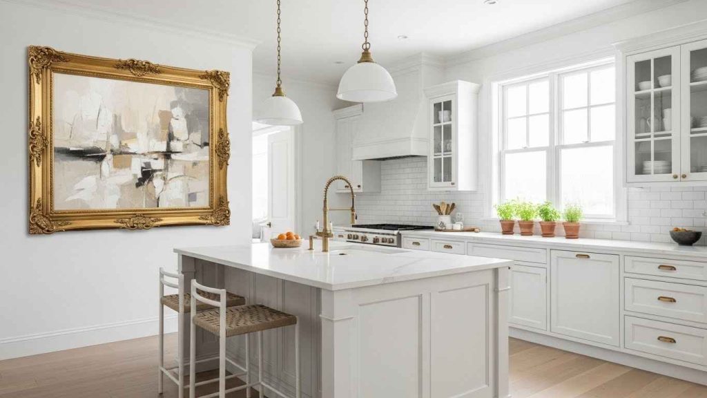 A White Kitchen with Gold Framed Art