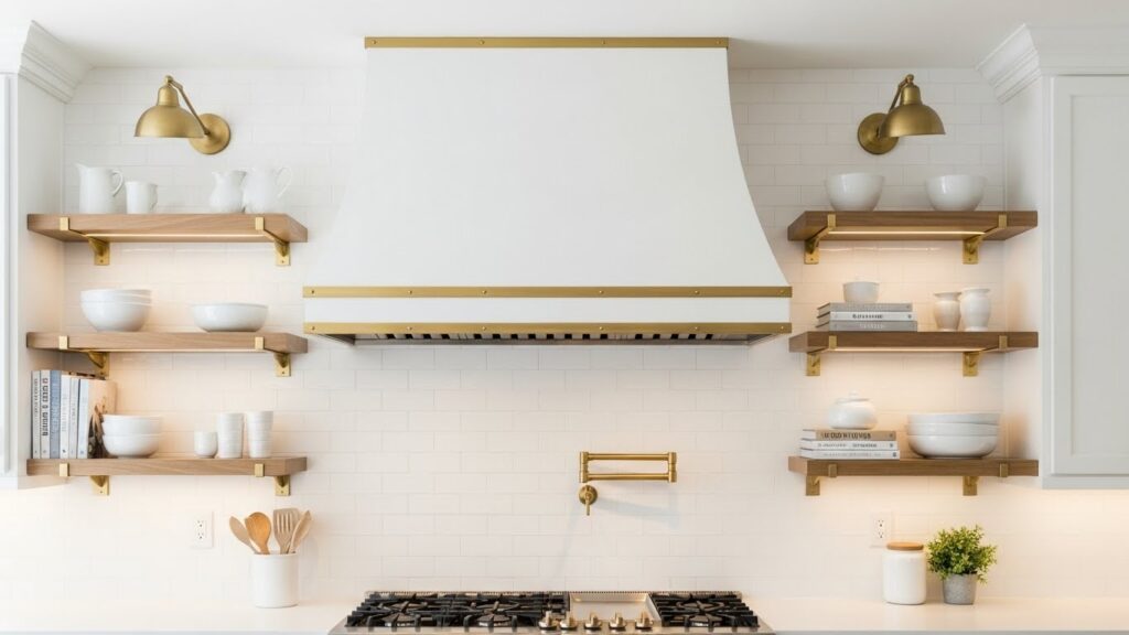 A White Range Hood with Brass Accents