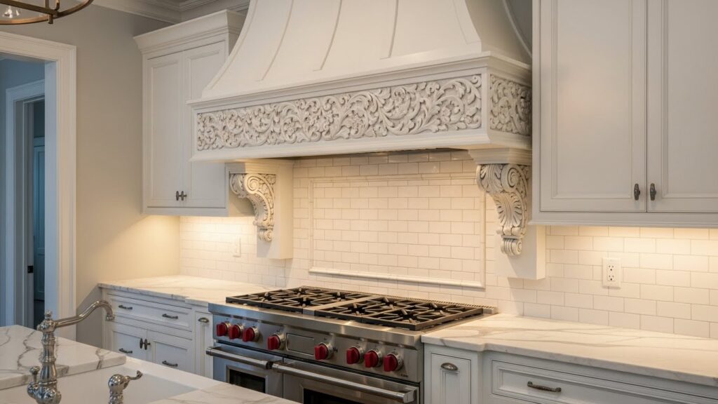 A White Range Hood with Carving