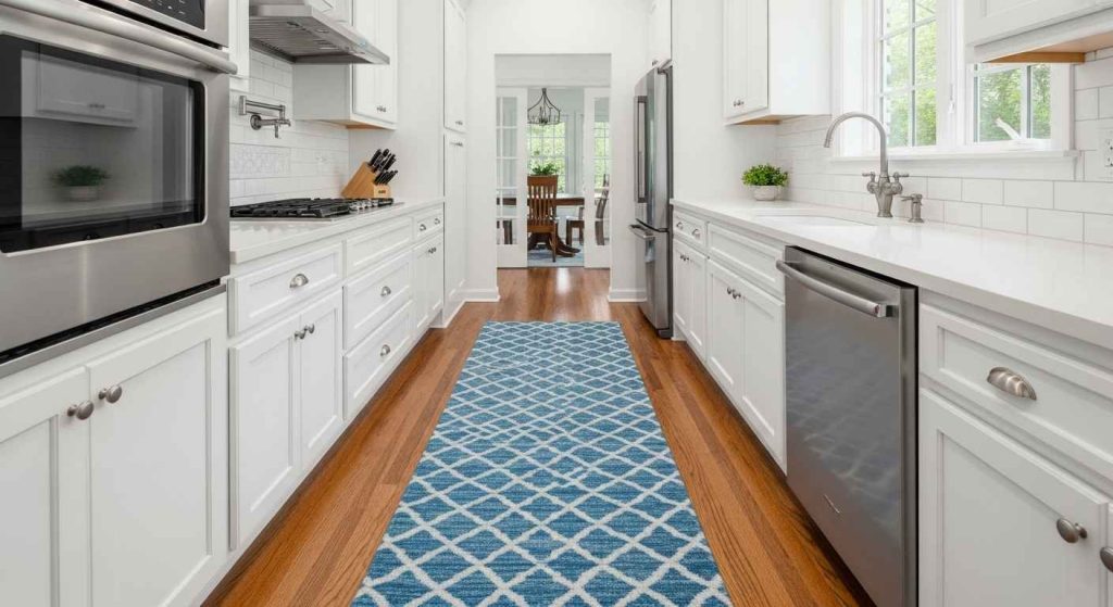 Blue Patterned Runner on White Floors