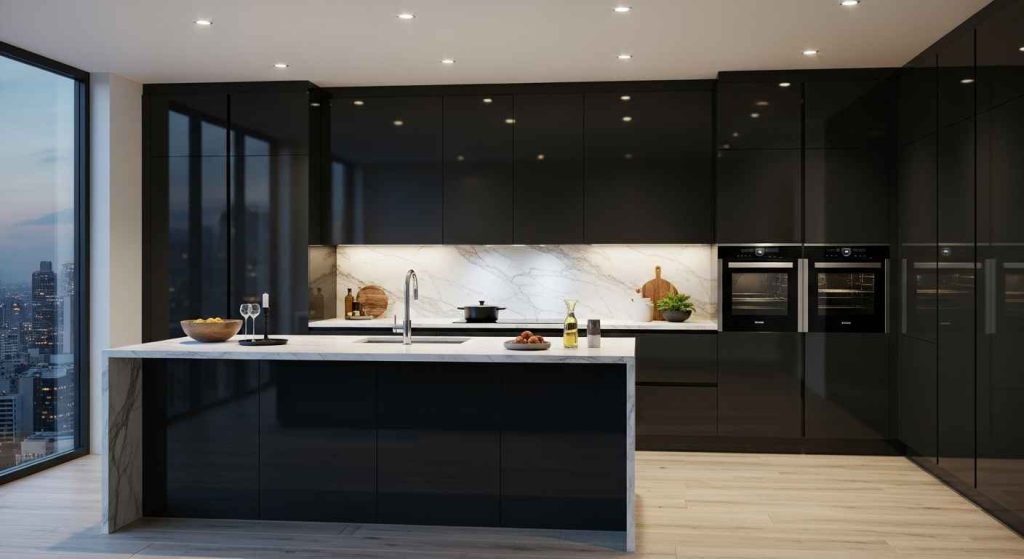 Bold Black Lacquered Cabinets
