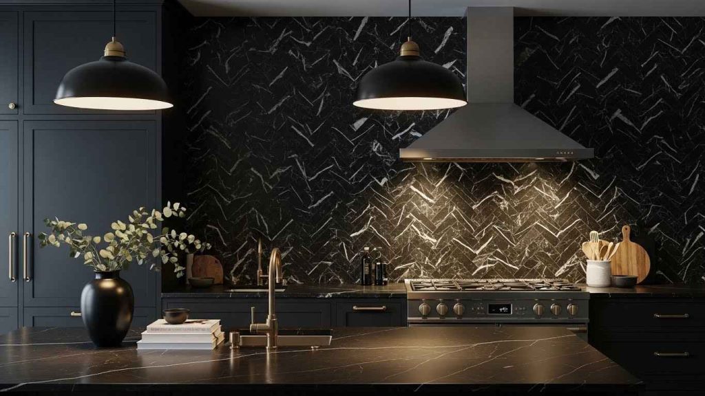 Bold Black Marble Herringbone