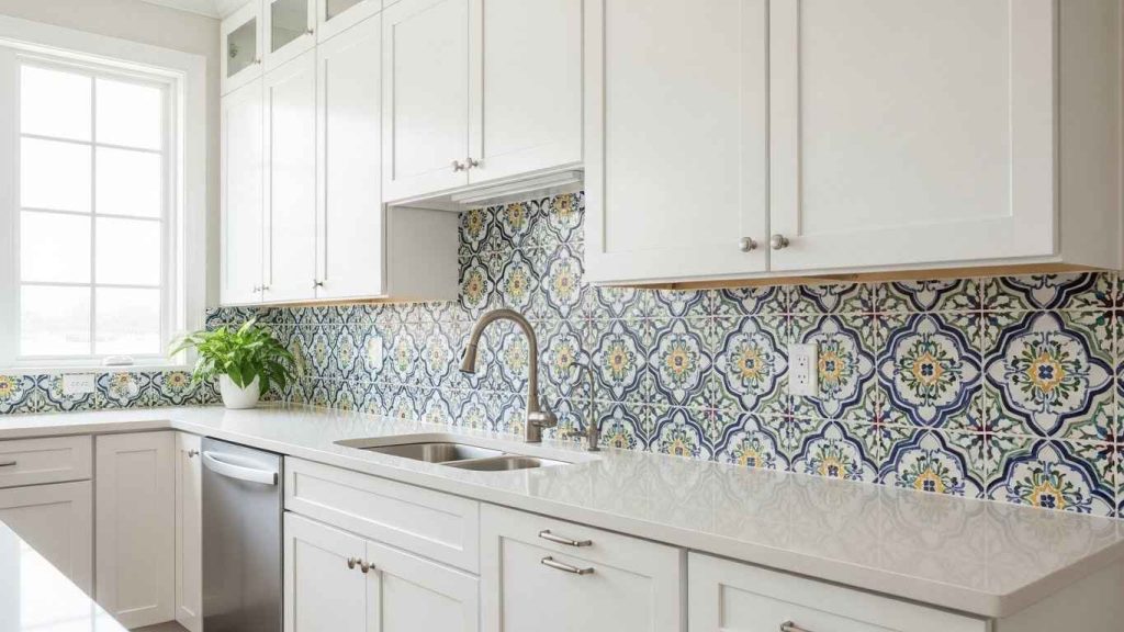 Brilliant White Kitchen with Bold Backsplash