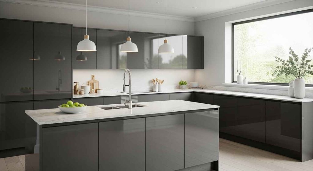 Charcoal Gray Reflective Cabinets