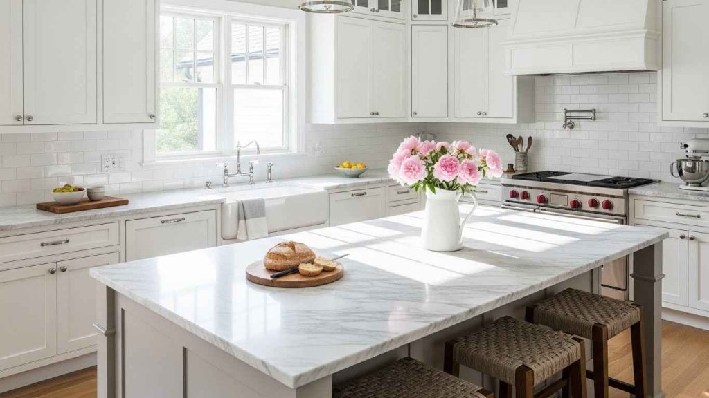 Classic Carrara Marble & White Cabinetry