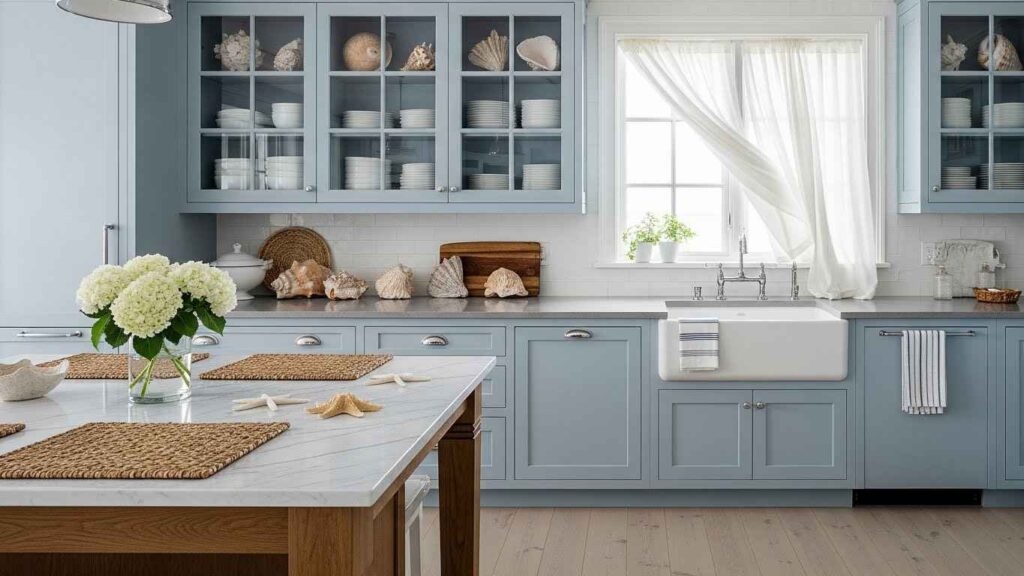 Coastal Kitchen with Glass Fronts