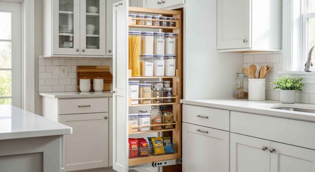 Declutter with Hidden Pull-Out Pantries