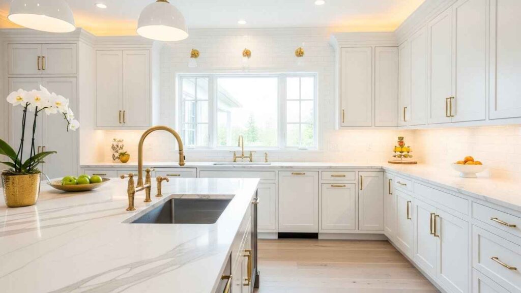 Elegant White Kitchen with Gold Fixtures