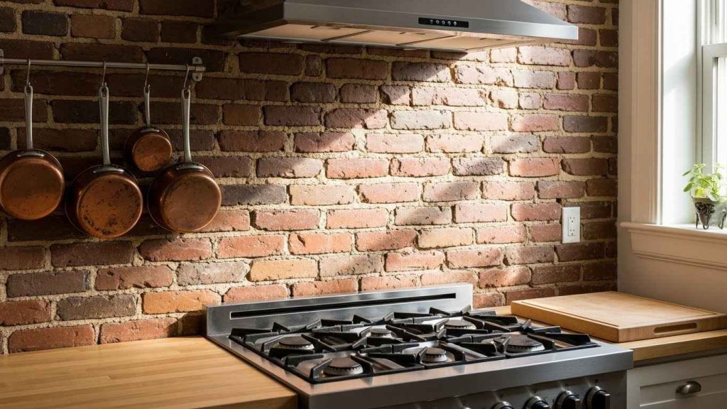 Exposed Brick Wall Backsplash