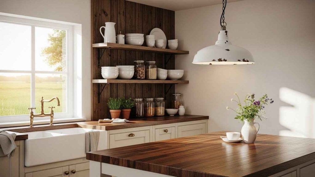 Farmhouse Charm with White Pendant Lights
