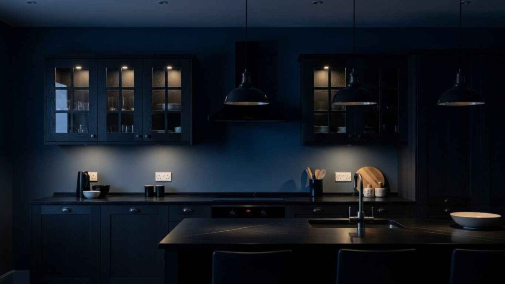 Glass Cabinets in a Dark Kitchen