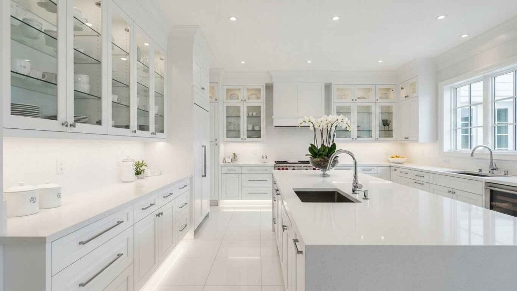 Glass Cabinets in a White Kitchen