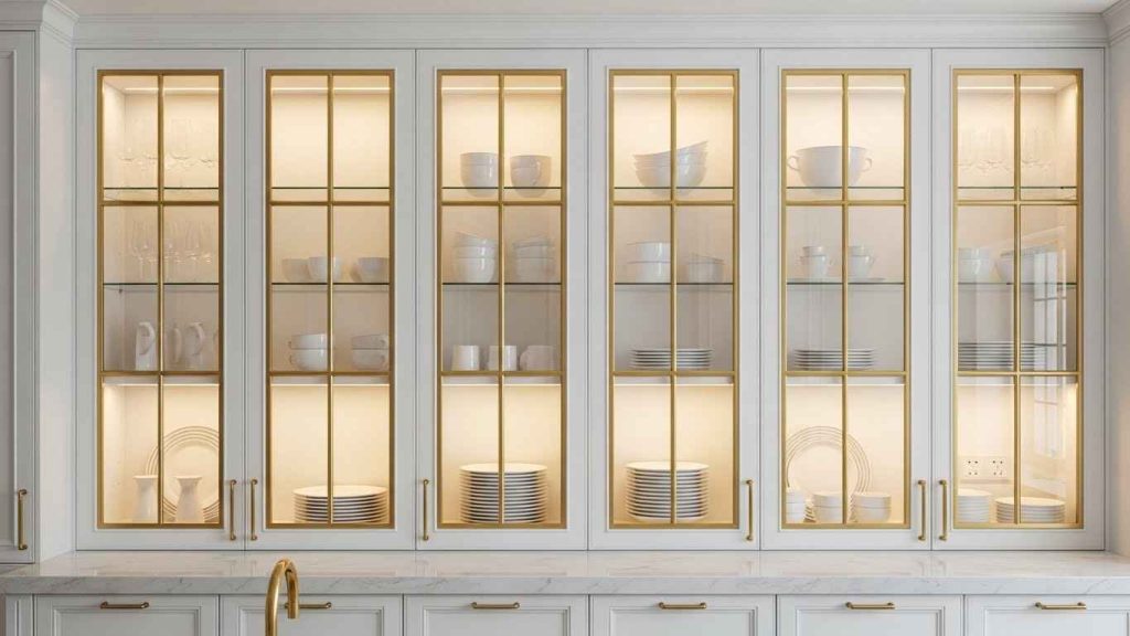 Glass Front Cabinets with Gold Molding