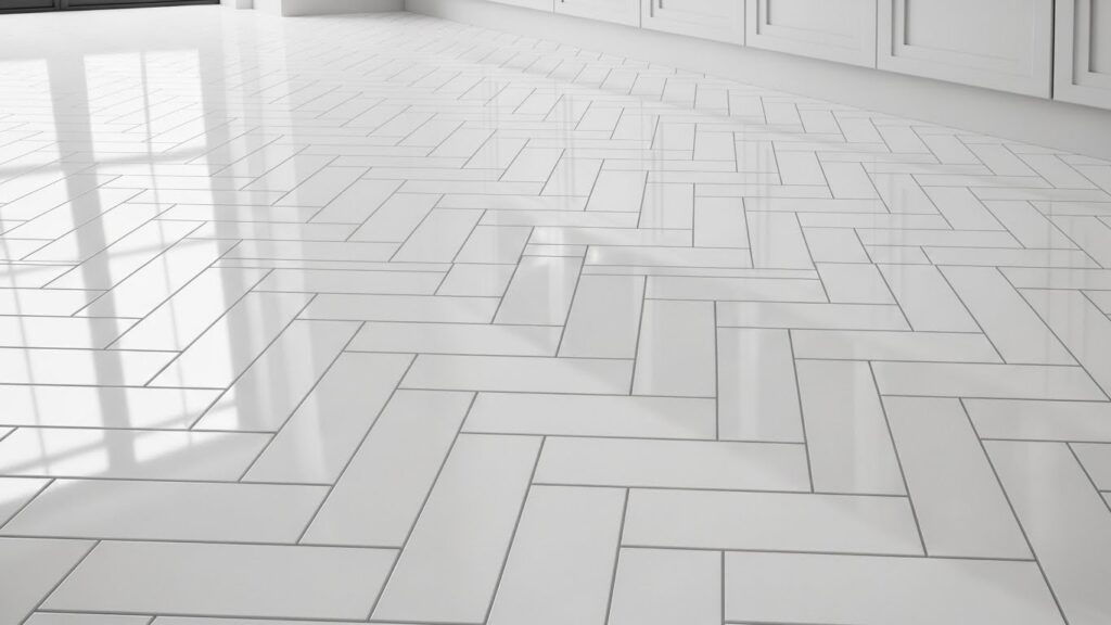 Glossy White Herringbone Flooring