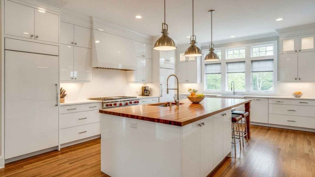 Glossy White with Warm Wood Tones