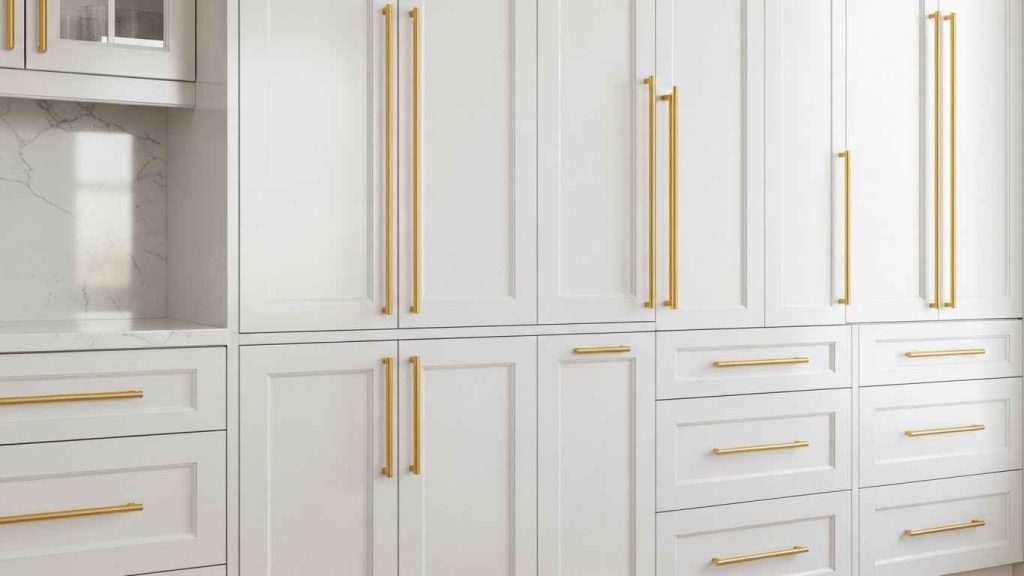 Gold Hardware on Floor-to-Ceiling Cabinets