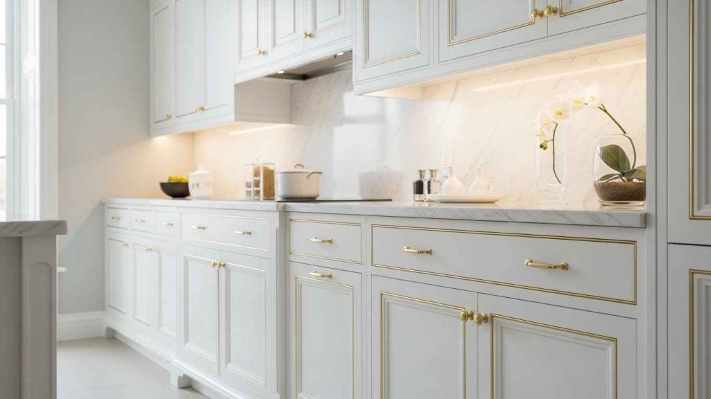 Gold Trim on White Cabinets