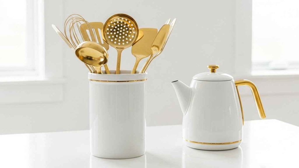 Gold Utensils & Chic White Canisters