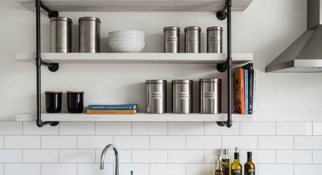 Industrial Pipe and White Wood Shelves