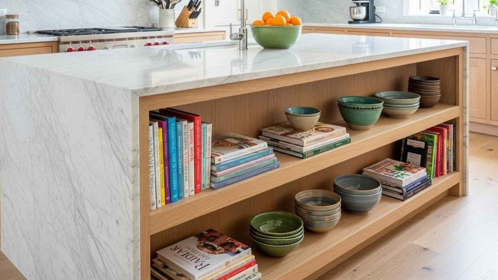 Marble Island with Built-In Shelving