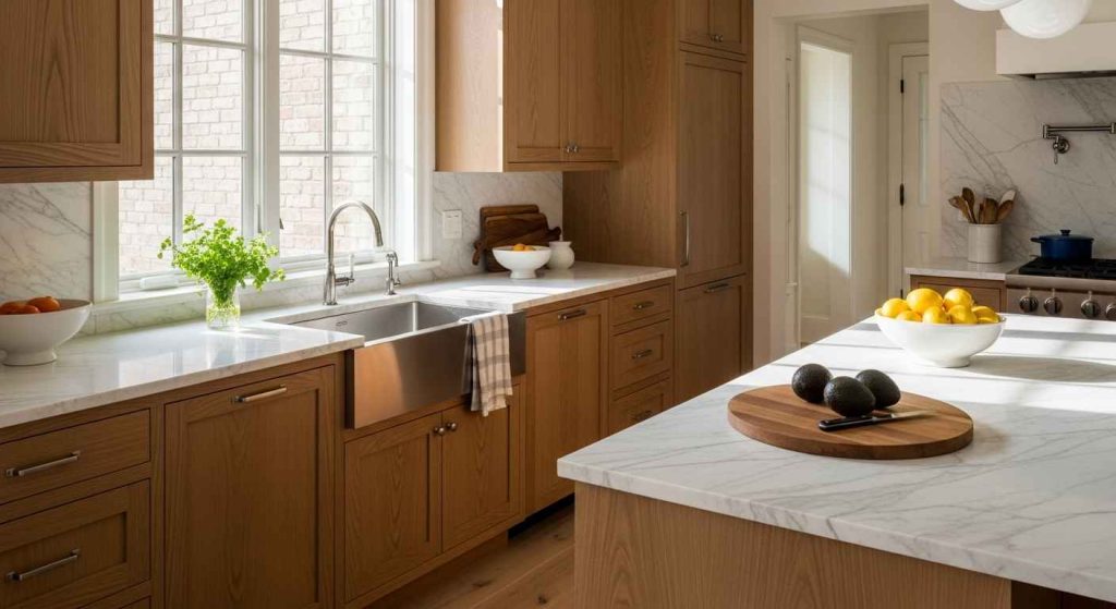 Marble and Warm Wood Tones