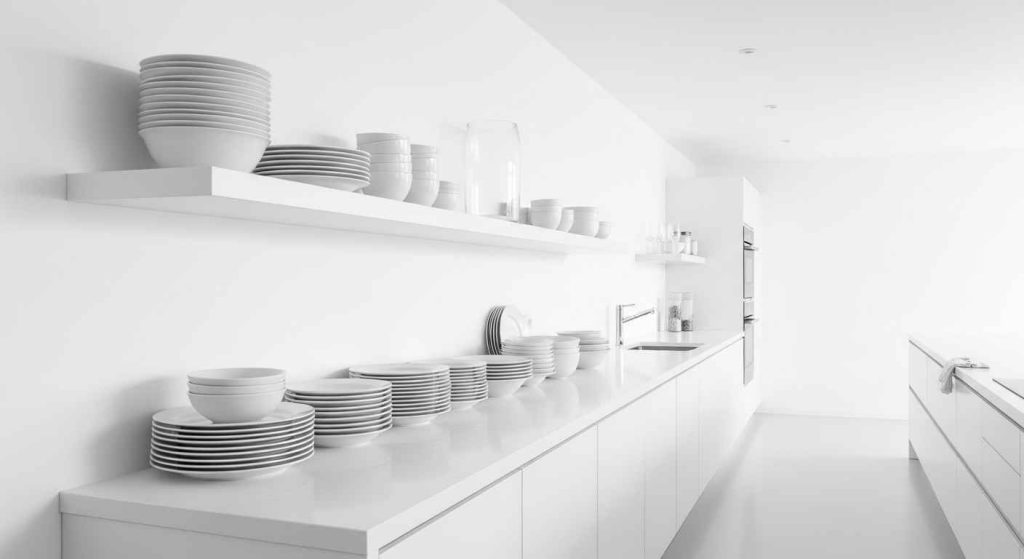 Minimalist White Floating Modern Kitchen Shelves