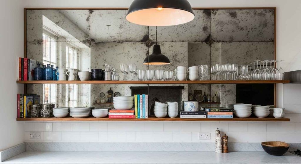 Mirror-Backed Open Shelving