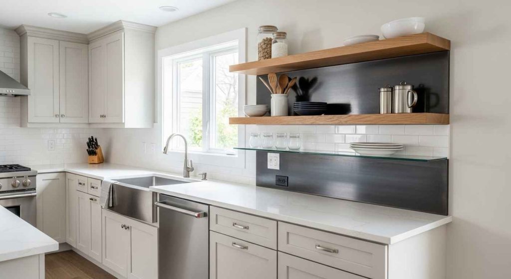 Mixed Material Modern Kitchen Shelves