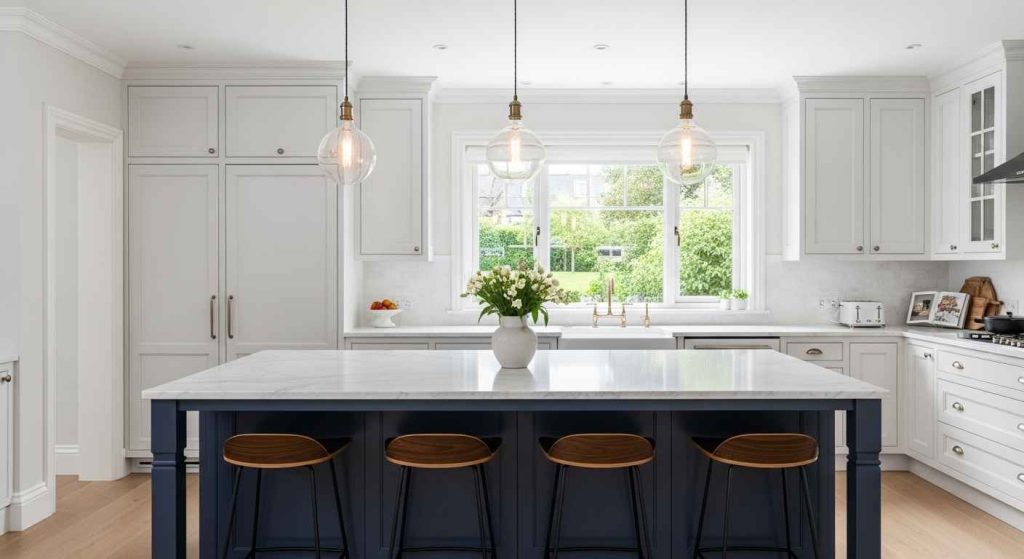 Navy Blue Kitchen Island Statement
