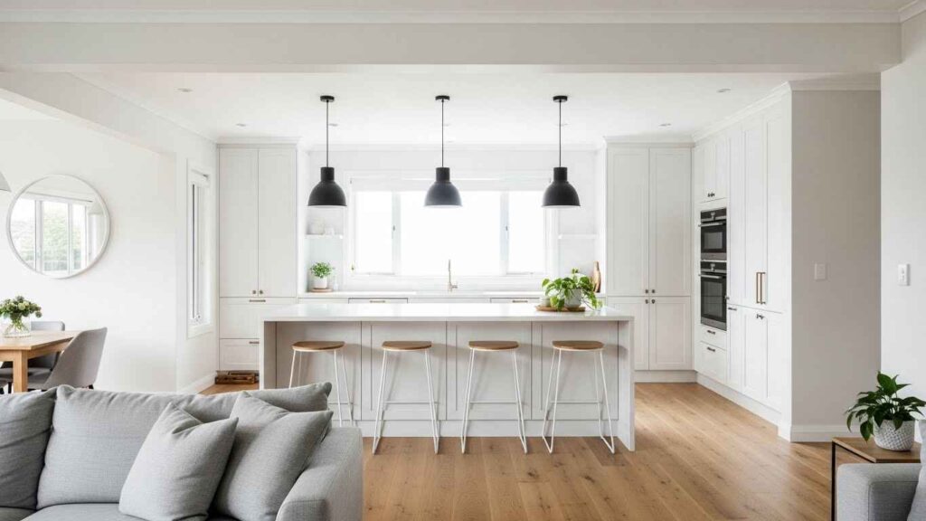 Open Plan White Kitchen and Living Space