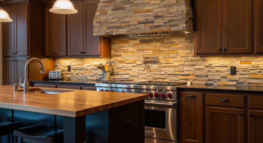 Rustic Stone Veneer Backsplash