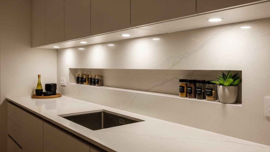 Slab Backsplash with Integrated Shelf