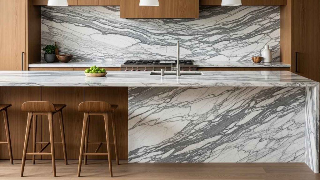 Slab Backsplash with a Waterfall Edge