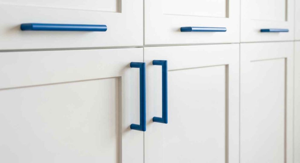 Sleek Blue Hardware on White Cabinets