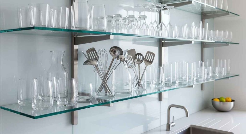 Sleek Metal and Glass Modern Kitchen Shelves