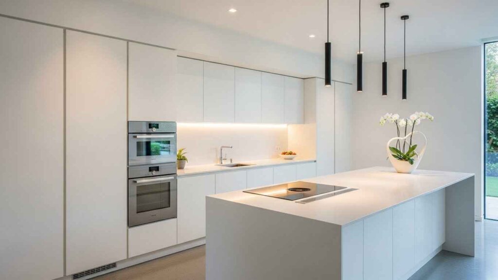 Sleek and Handle-Less White Cabinets