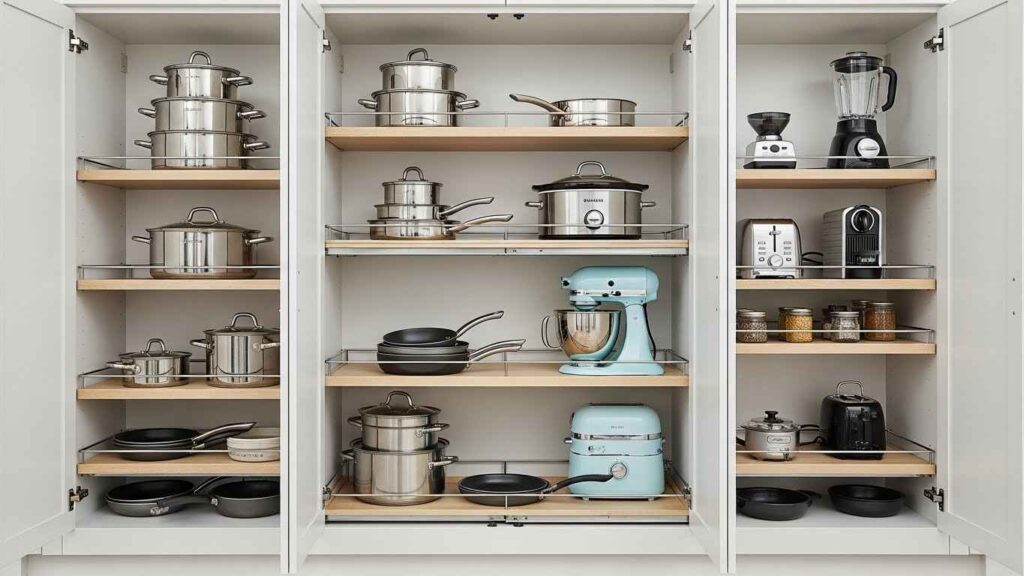 Sliding White Shelves for Deep Cabinets
