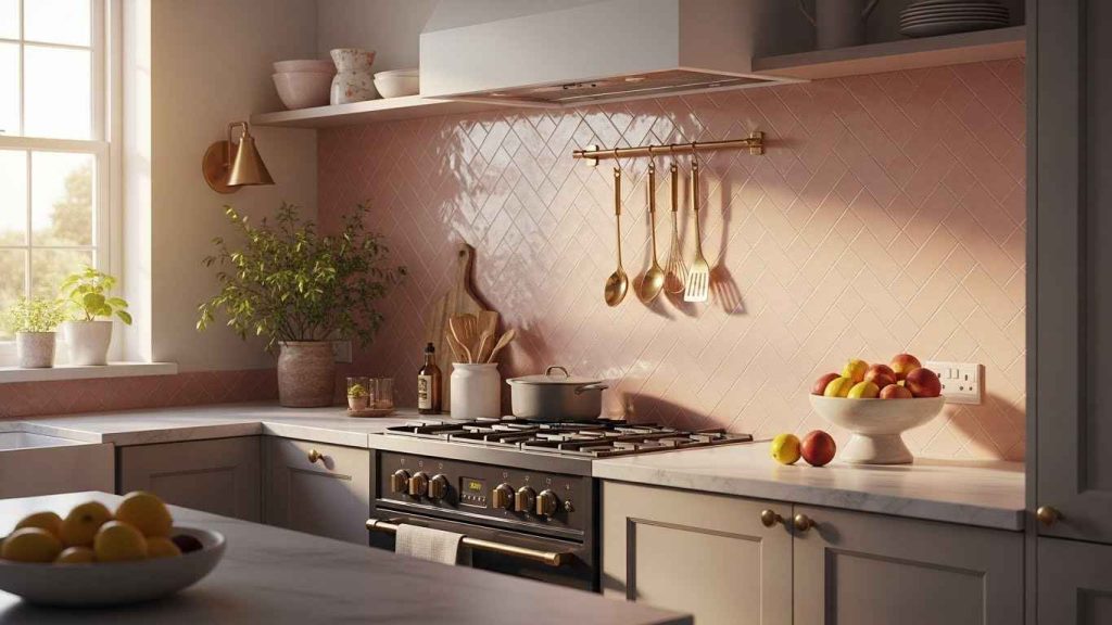 Soft Blush Pink Herringbone Backsplash