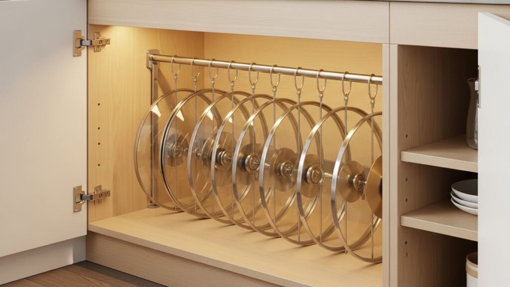 Use Tension Rods for Pan Lids