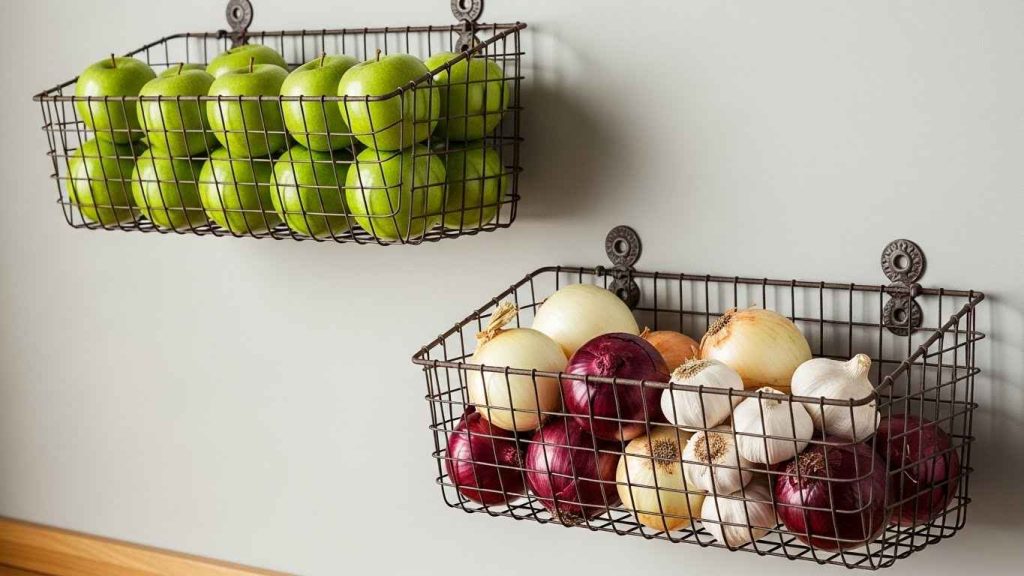 Use Wall-Mounted Fruit and Veggie Baskets