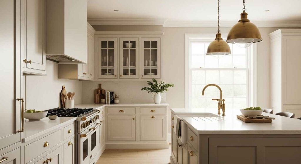 Warm Metal Accents in a Neutral Space