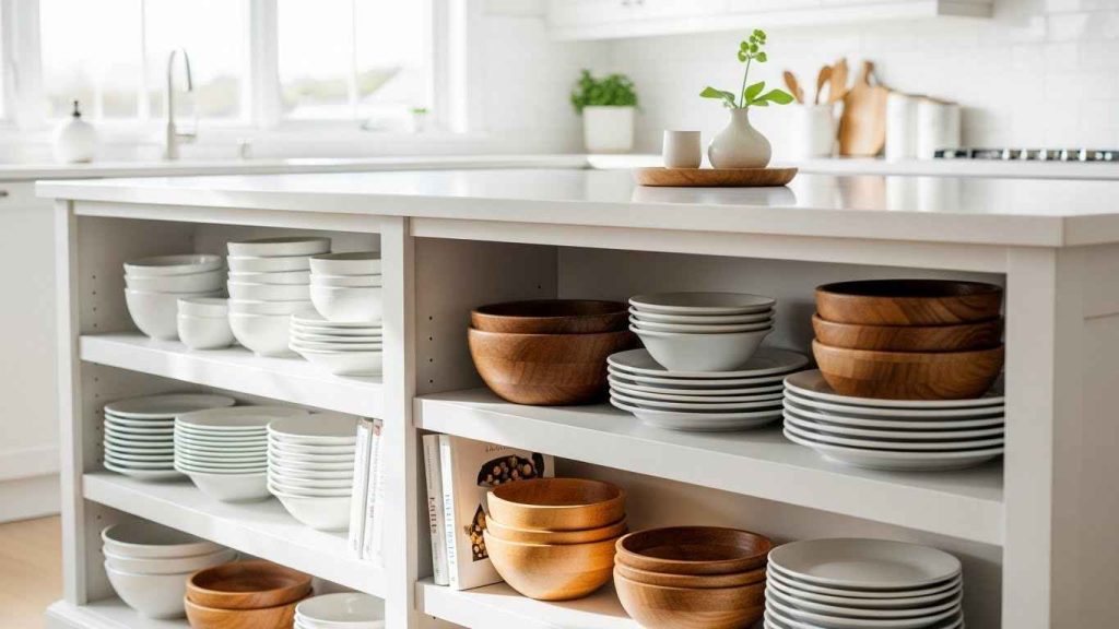 White Kitchen Island with Open Shelving